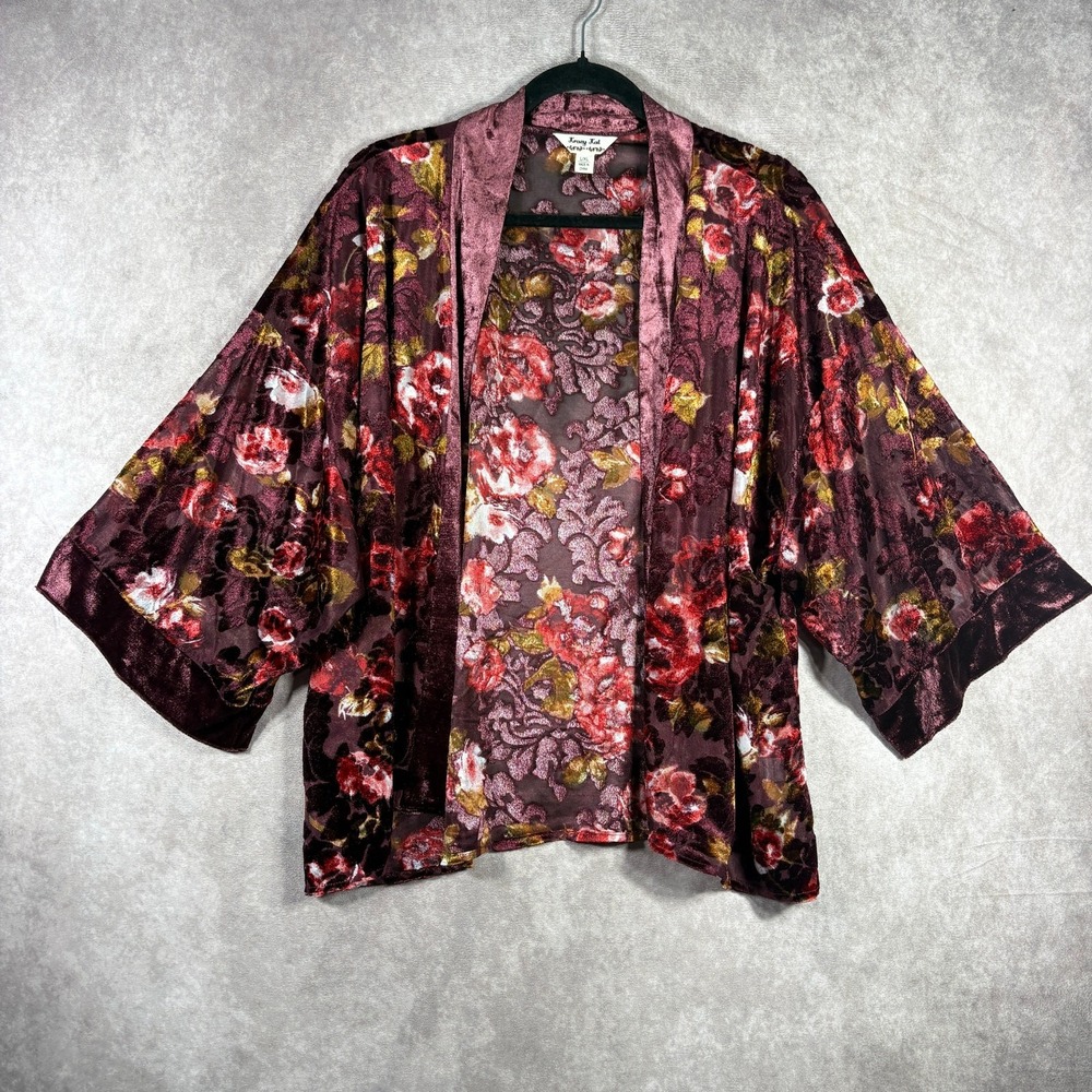 Krazy Kat Kimono Cardigan Sweater Womens Size L/XL Purple Floral Burnout Velvet